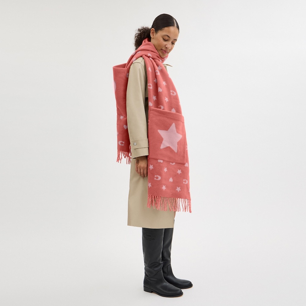Stars And Hearts Print Oversized Muffler With Pockets